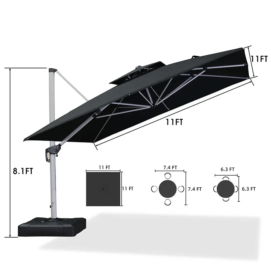 PURPLE LEAF – Grand parasol déporté carré de terrasse avec base pour jardin, piscine et porche