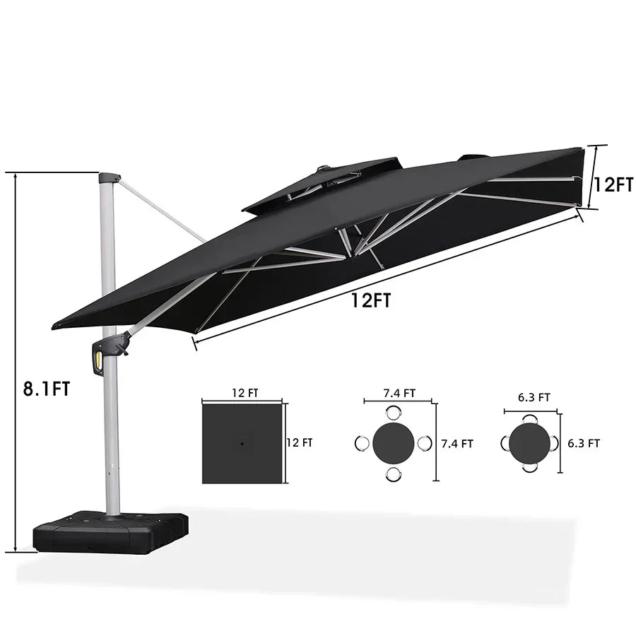 PURPLE LEAF – Grand parasol déporté carré de terrasse avec base pour jardin, piscine et porche