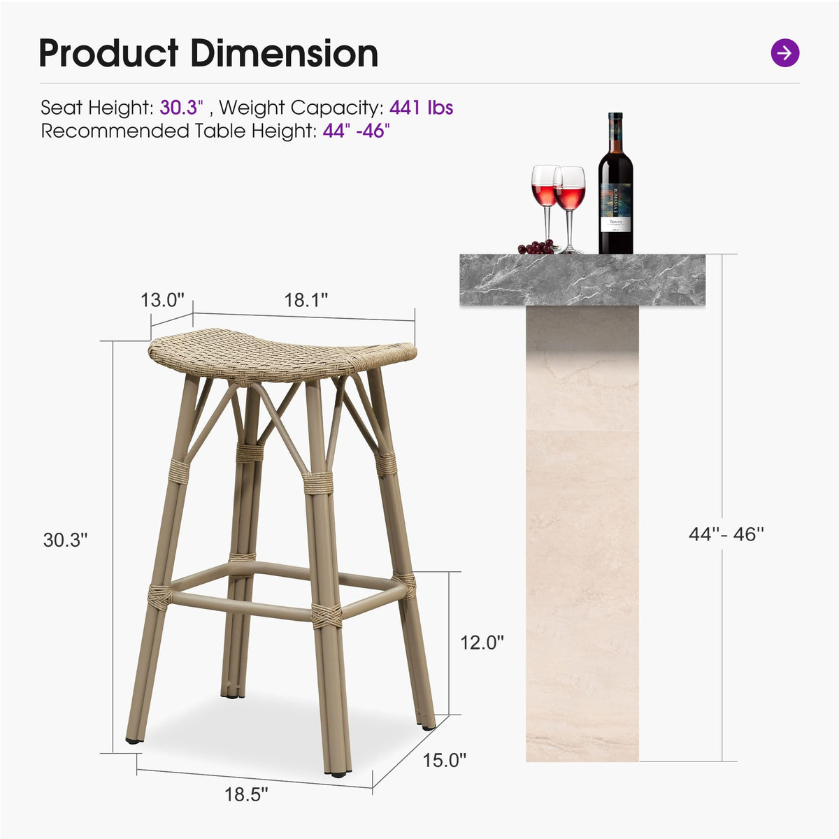 PURPLE LEAF Outdoor Bar Stools Set of 2 Backless Rattan Barstools with Saddle Seat and Footrest All Weather Aluminum Bar Chairs for Patio Kitchen Island Pool Balcony