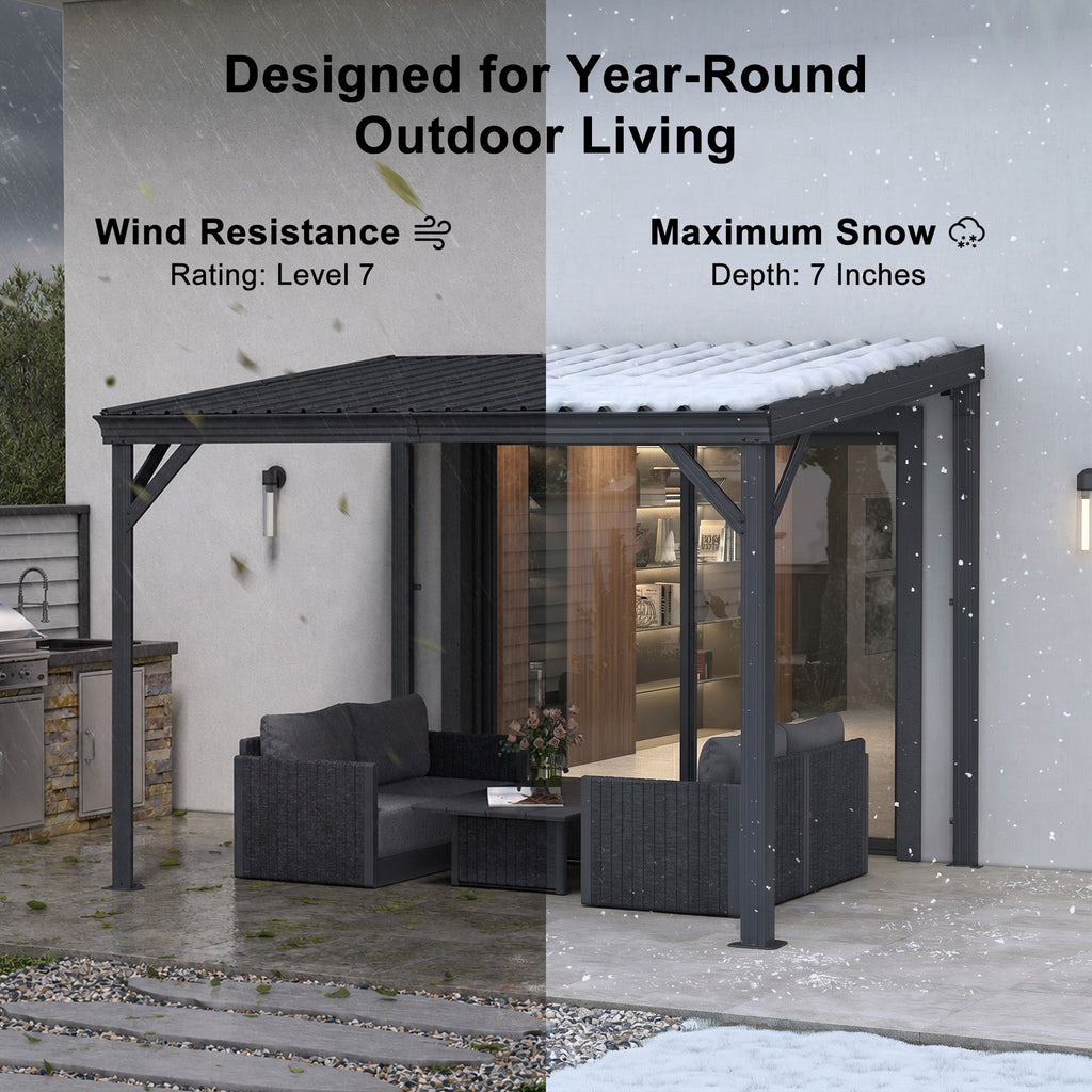 PURPLE LEAF Lean to Gazebo Metal Roof Patio Cover Built-in Drain Slots Wall Mounted Gazebo with Lights-clear for Outdoor Extension