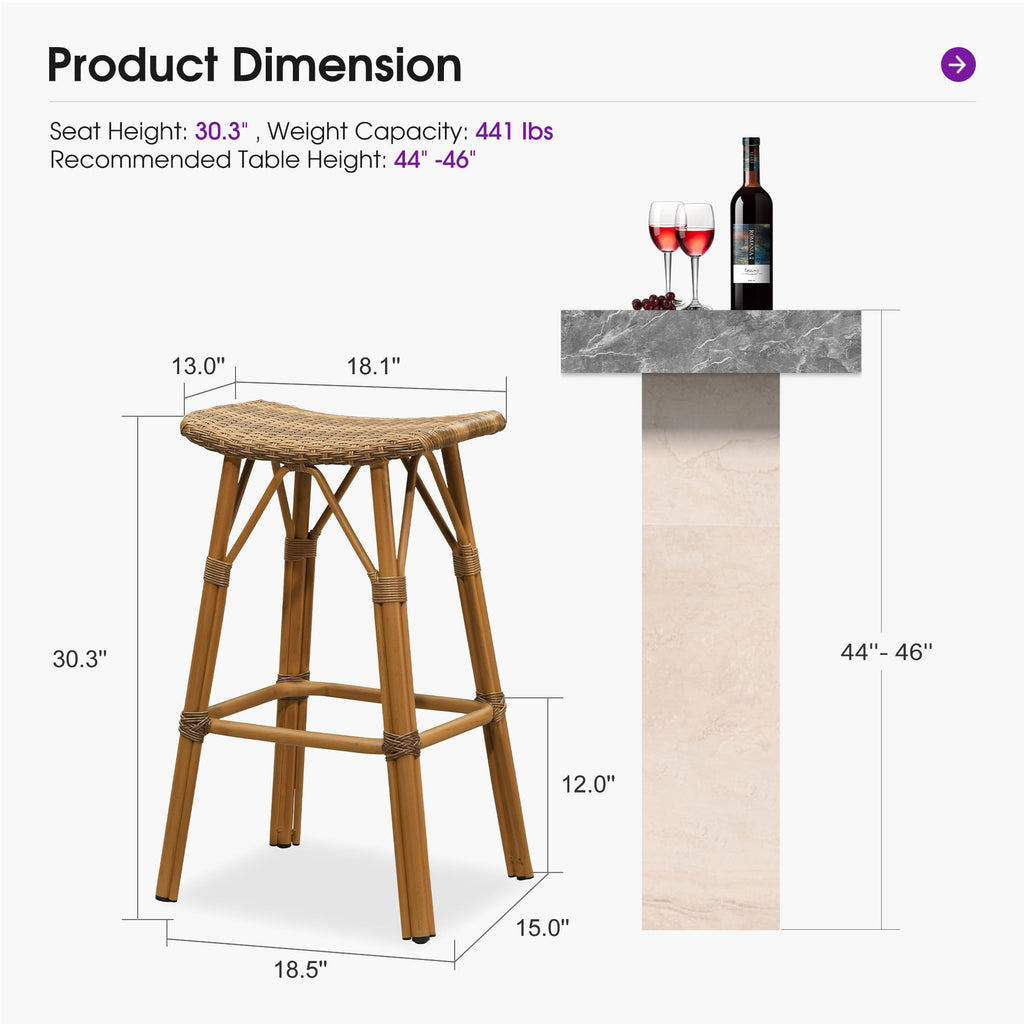 PURPLE LEAF Outdoor Bar Stools Set of 2 Backless Rattan Barstools with Saddle Seat and Footrest All Weather Aluminum Bar Chairs for Patio Kitchen Island Pool Balcony