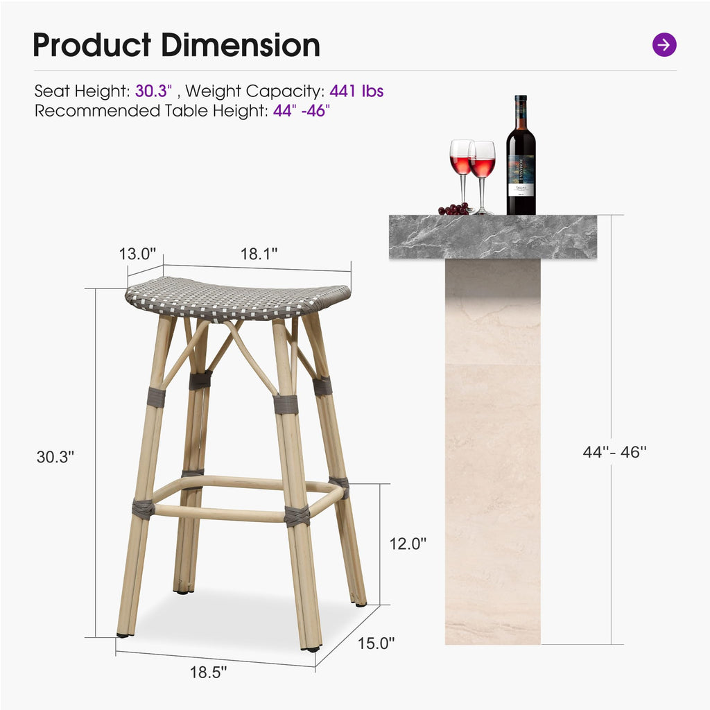 PURPLE LEAF Outdoor Bar Stools Set of 2 Backless Rattan Barstools with Saddle Seat and Footrest All Weather Aluminum Bar Chairs for Patio Kitchen Island Pool Balcony