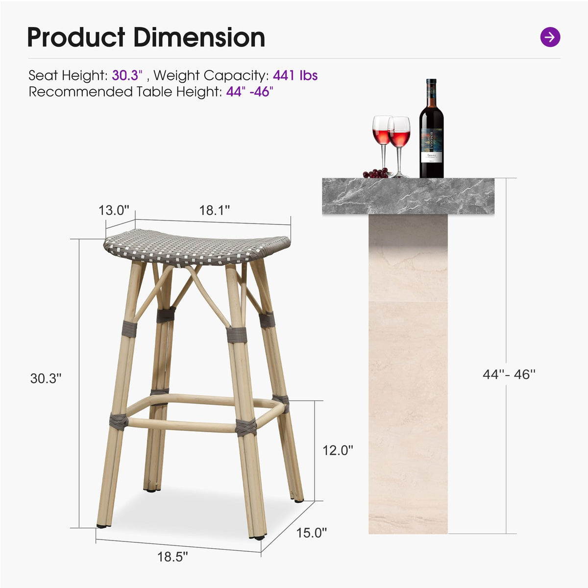 PURPLE LEAF Outdoor Bar Stools Set of 2 Backless Rattan Barstools with Saddle Seat and Footrest All Weather Aluminum Bar Chairs for Patio Kitchen Island Pool Balcony