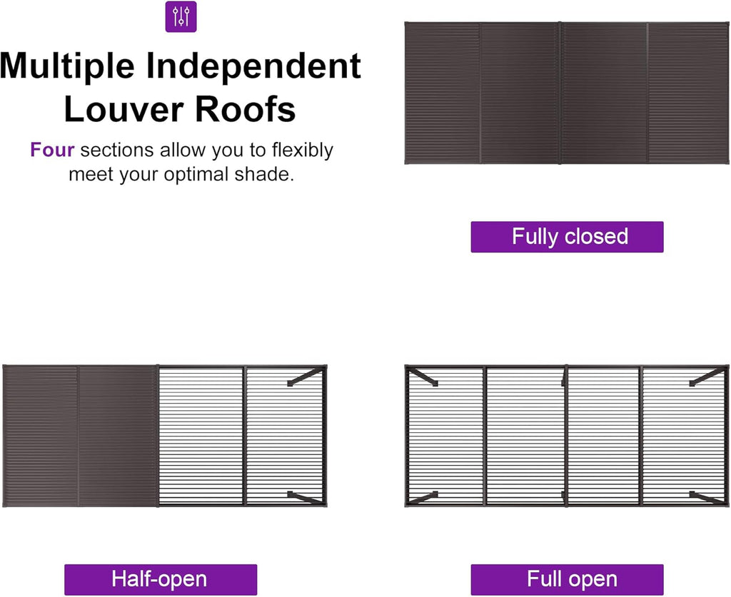 PURPLE LEAF Caesar Solar Louvered Pergola with LED Strip Lights and Control Panel Aluminum Outdoor Pergola with Adjustable Roof for Patio Deck Garden Yard Bronze