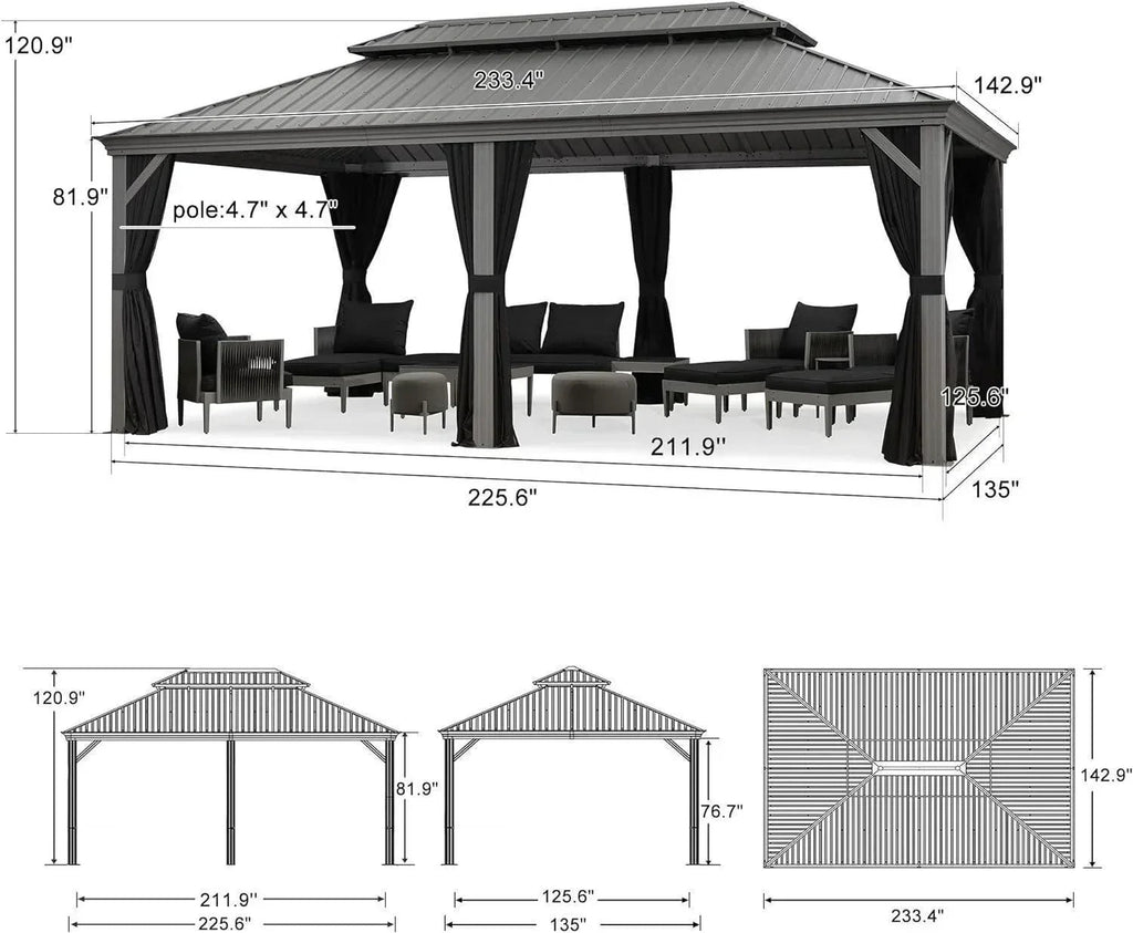 PURPLE LEAF Patio Gazebo for Pool Light Grey Hardtop Galvanized Steel Roof with Upgraded Curtains
