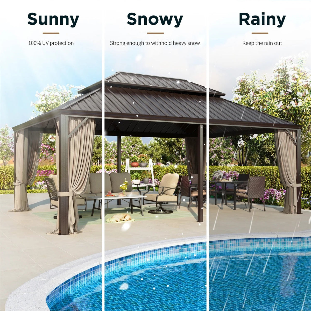 Erommy 14' X 20' Hardtop Gazebo Aluminum Frame Galvanized Steel Double Roof Patio Gazebo with Netting & Curtains Brown