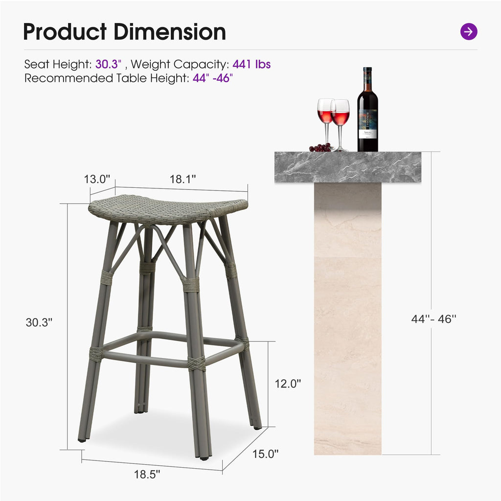 PURPLE LEAF Outdoor Bar Stools Set of 2 Backless Rattan Barstools with Saddle Seat and Footrest All Weather Aluminum Bar Chairs for Patio Kitchen Island Pool Balcony