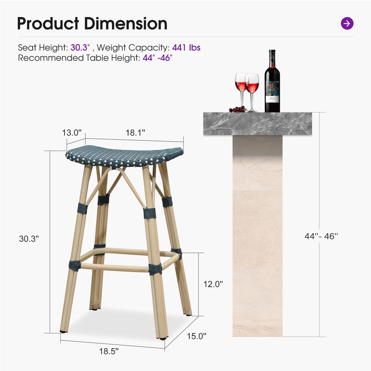 PURPLE LEAF Outdoor Bar Stools Set of 2 Backless Rattan Barstools with Saddle Seat and Footrest All Weather Aluminum Bar Chairs for Patio Kitchen Island Pool Balcony
