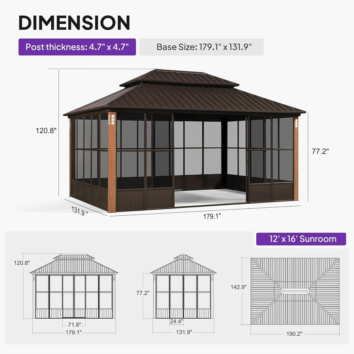 PURPLE LEAF Bronze Frame Sunroom Hardtop Gazebo Solarium Wood Grain Columns Galvanized Steel Double Roof All-Weather Screen House