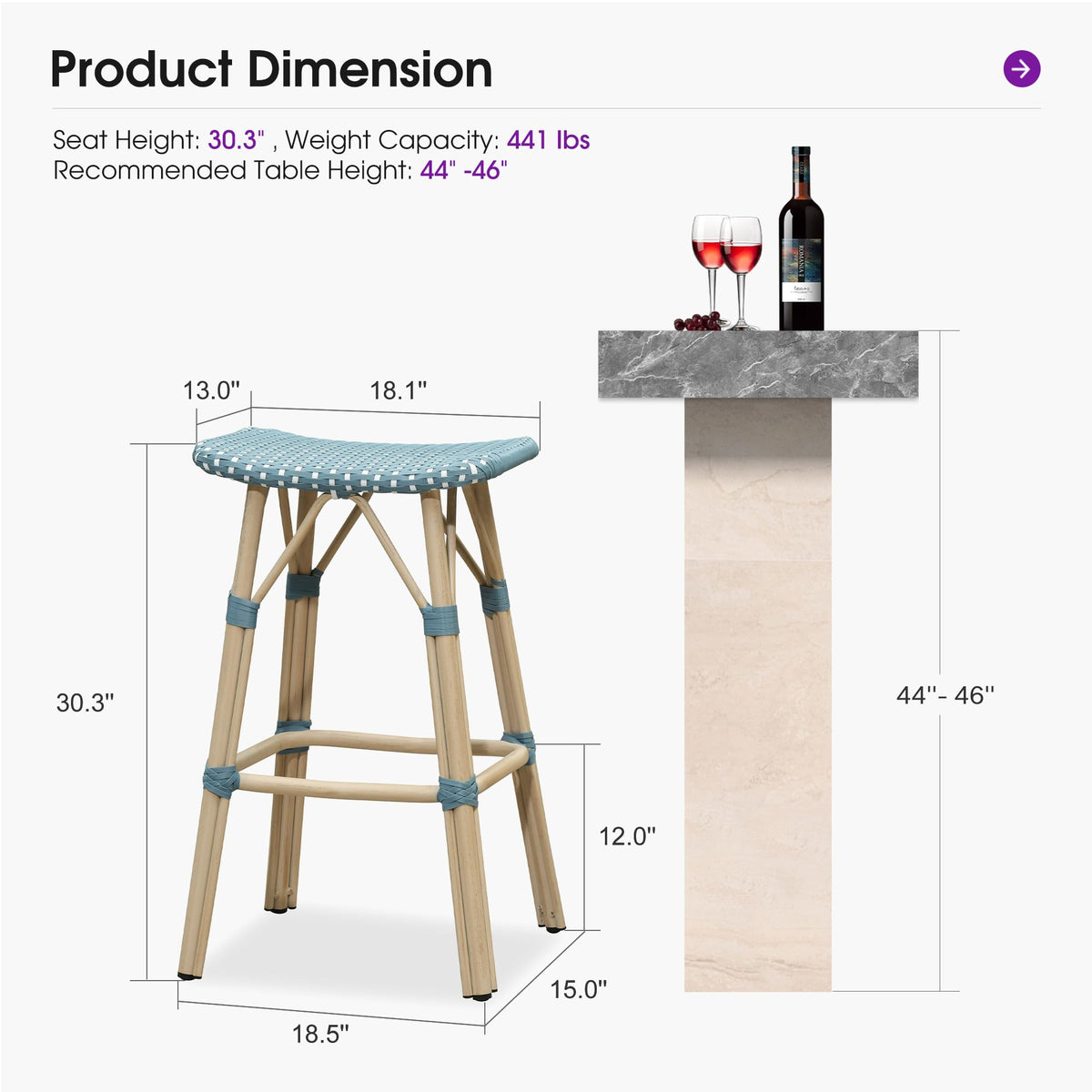 PURPLE LEAF Outdoor Bar Stools Set of 2 Backless Rattan Barstools with Saddle Seat and Footrest All Weather Aluminum Bar Chairs for Patio Kitchen Island Pool Balcony