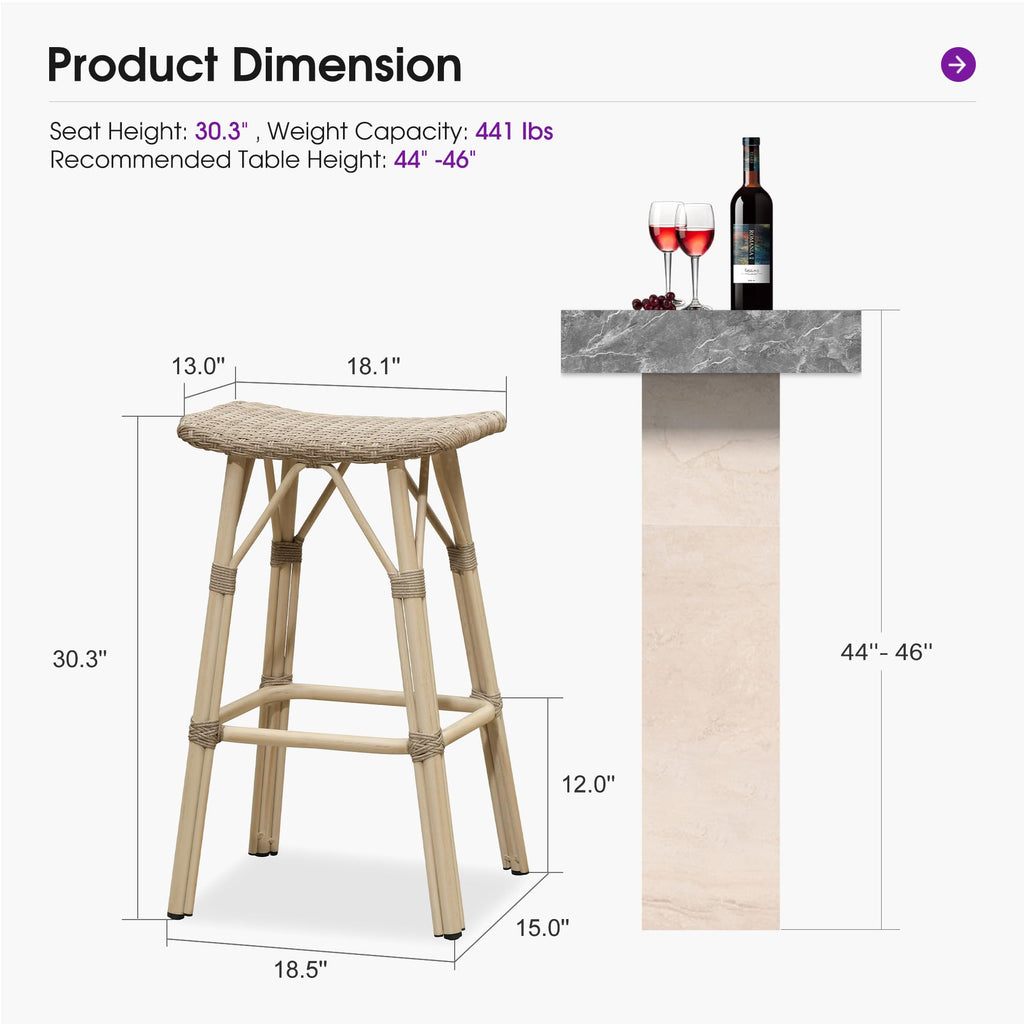 PURPLE LEAF Outdoor Bar Stools Set of 2 Backless Rattan Barstools with Saddle Seat and Footrest All Weather Aluminum Bar Chairs for Patio Kitchen Island Pool Balcony