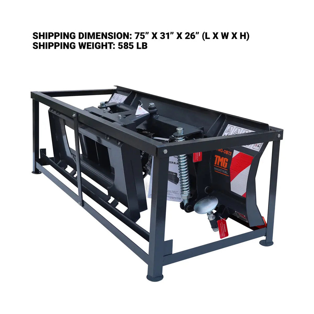 72" Skid Steer Dozer Blade/Snow Pusher, 30° Left & Right, Bolt-On Cutting Edge, Adjustable Skid Shoes, Universal Quick Mount, TMG-DB72