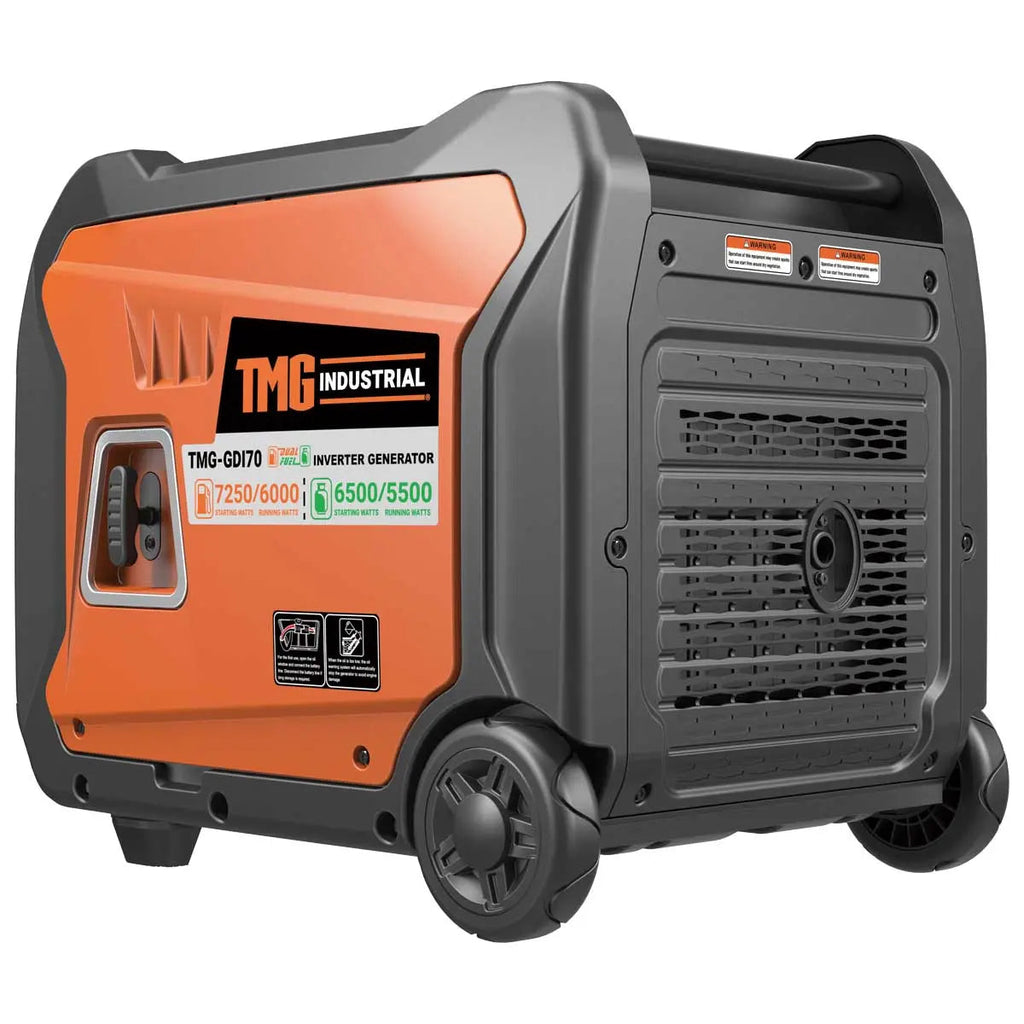 7250 Watt Digital Inverter Hybrid Portable Generator, Dual Fuel Capability (Gas/LPG), 6.5hrs 50% Load Run Time, CETL, ETL Certified For Canada/US, EPA Emissions Compliance, TMG-GDI70