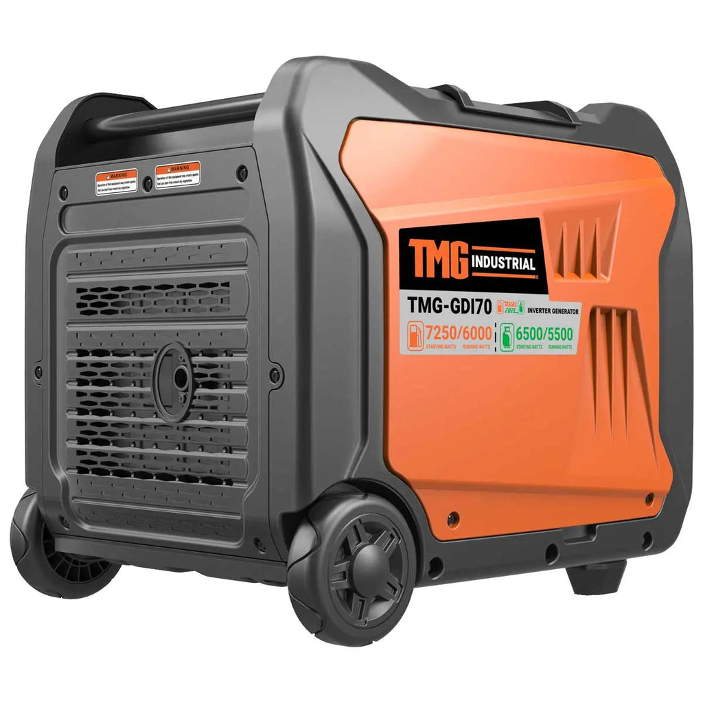 7250 Watt Digital Inverter Hybrid Portable Generator, Dual Fuel Capability (Gas/LPG), 6.5hrs 50% Load Run Time, CETL, ETL Certified For Canada/US, EPA Emissions Compliance, TMG-GDI70