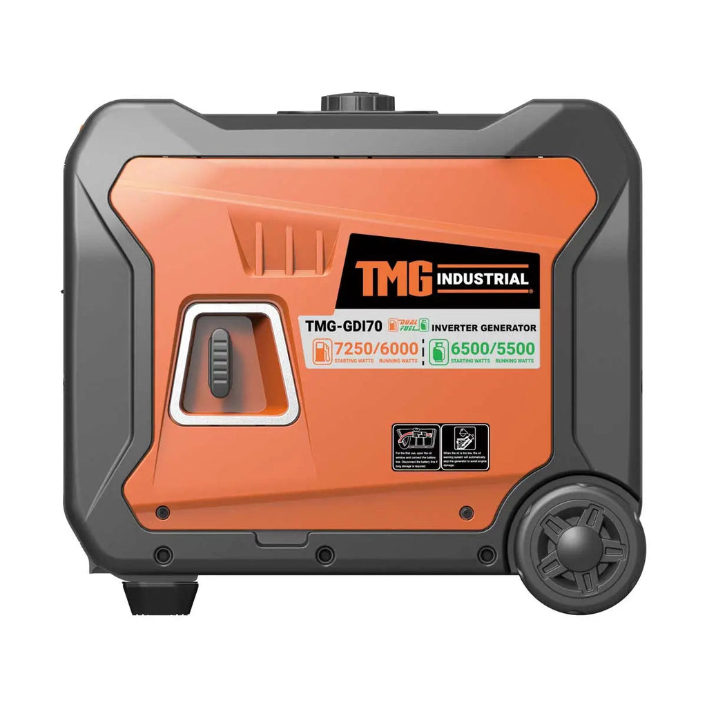 7250 Watt Digital Inverter Hybrid Portable Generator, Dual Fuel Capability (Gas/LPG), 6.5hrs 50% Load Run Time, CETL, ETL Certified For Canada/US, EPA Emissions Compliance, TMG-GDI70