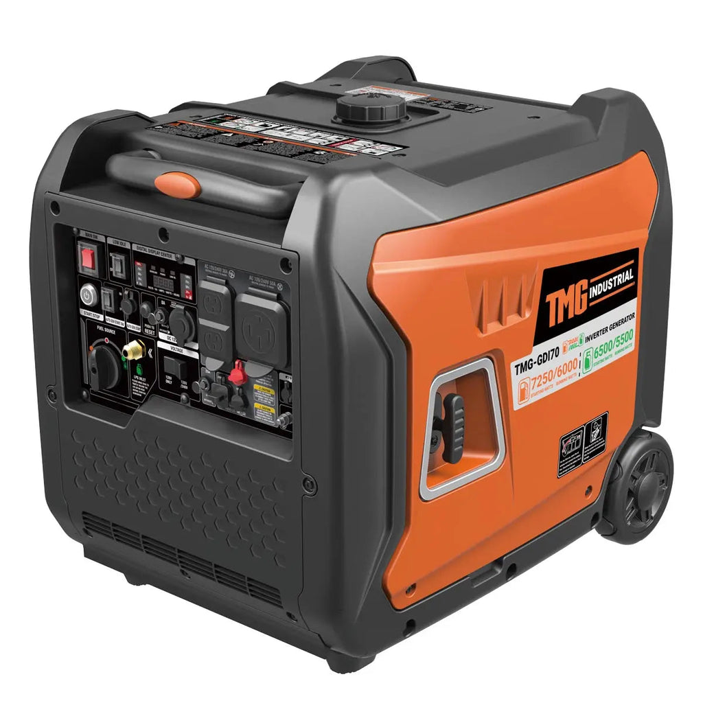 7250 Watt Digital Inverter Hybrid Portable Generator, Dual Fuel Capability (Gas/LPG), 6.5hrs 50% Load Run Time, CETL, ETL Certified For Canada/US, EPA Emissions Compliance, TMG-GDI70