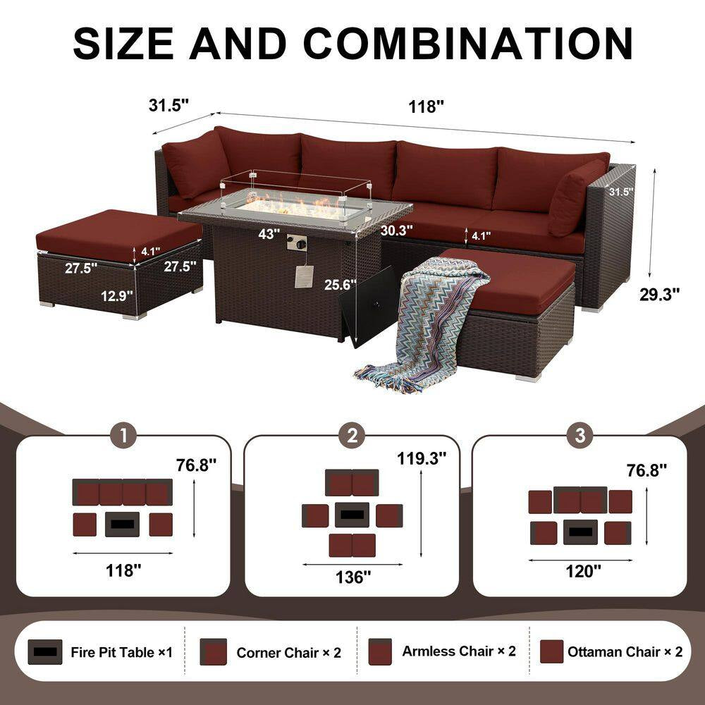 7 Piece Large Espresso Wicker Patio Fire Pit Sectional Deep Seating Sofa Set with Ottamans and Ruby Red Cushions