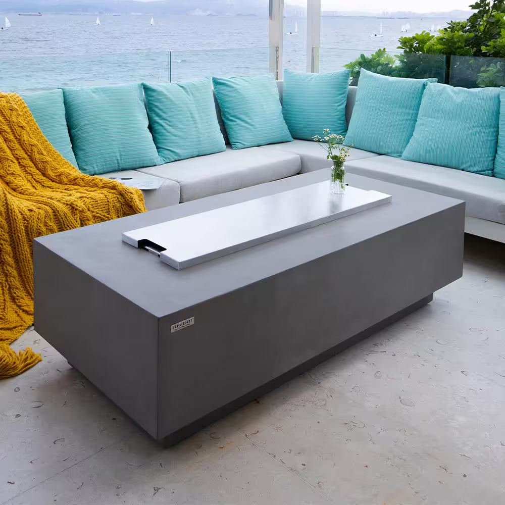 Elementi Granville Outdoor Fire Pit 60 In. X 27 In. Rectangular Concrete Propane Fire Table with Lava Rocks and Cover