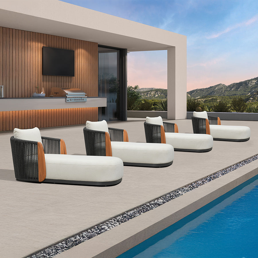PURPLE LEAF Luxury  Hailar Olefin Patio Chaise Lounge Chair , Upholstered Pool Aluminium Lounge Chairs for Outdoor with Teak Armres for Deck, Pool, Lawn, Garden, Courtyard, Porch