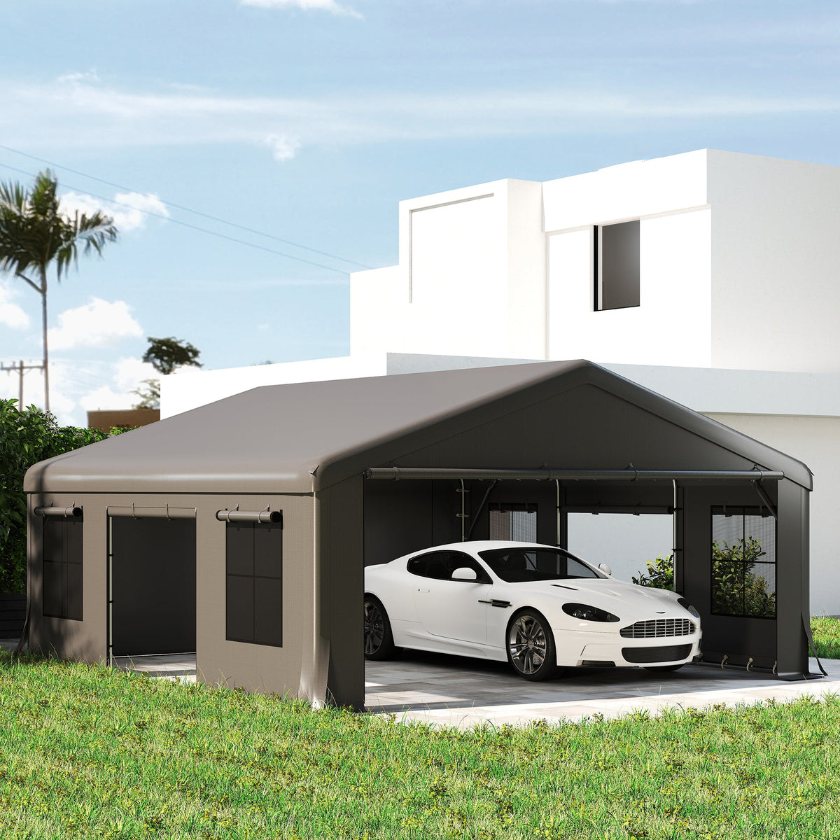 20' x 20' Heavy Duty Carport with 3 Roll-Up Doors, Dark Gray