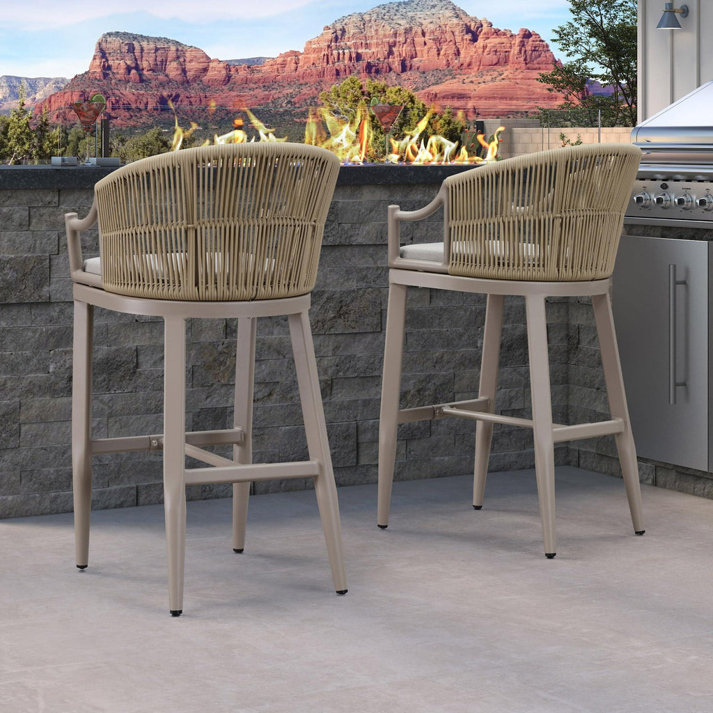 PURPLE LEAF Patio Bar Stools Set of 2 Outdoor Wicker Modern High Bar Chairs Metal Cushioned Barstools with Backs and Ergonomic Armrest
