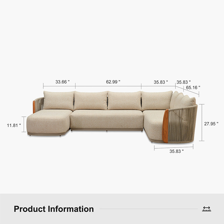 PURPLE LEAF Hailar U-Shaped Patio Conversation Set with Genuine Teak Cushions and Pillows Olefin Rope Backrest Outdoor Couch Sets for Porch Garden