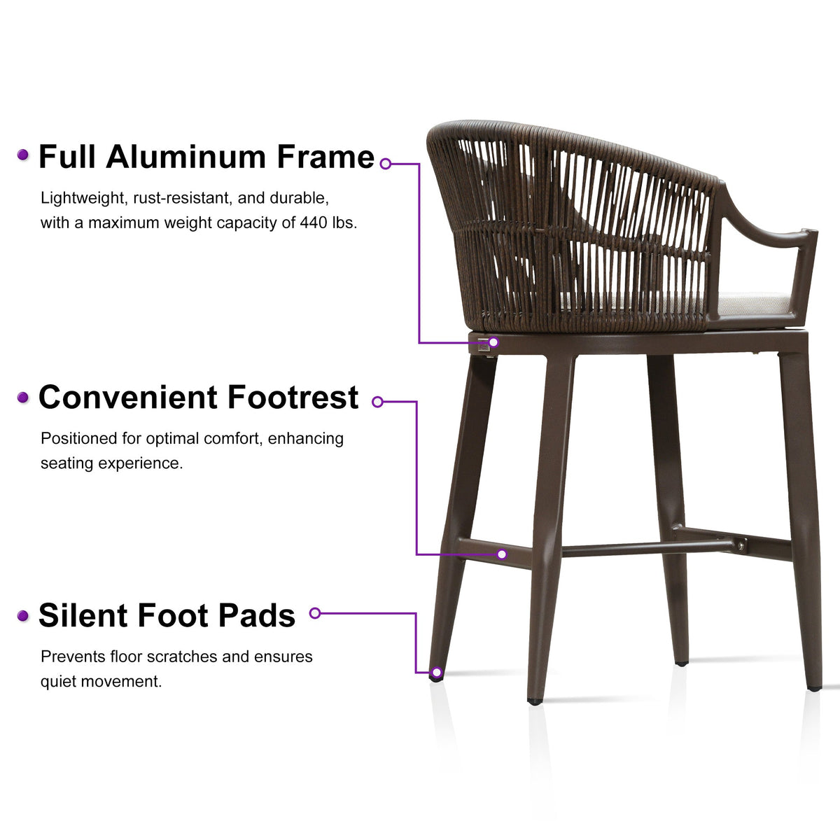 PURPLE LEAF Patio Bar Stools Set of 2 Outdoor Wicker Modern High Bar Chairs Metal Cushioned Barstools with Backs and Ergonomic Armrest