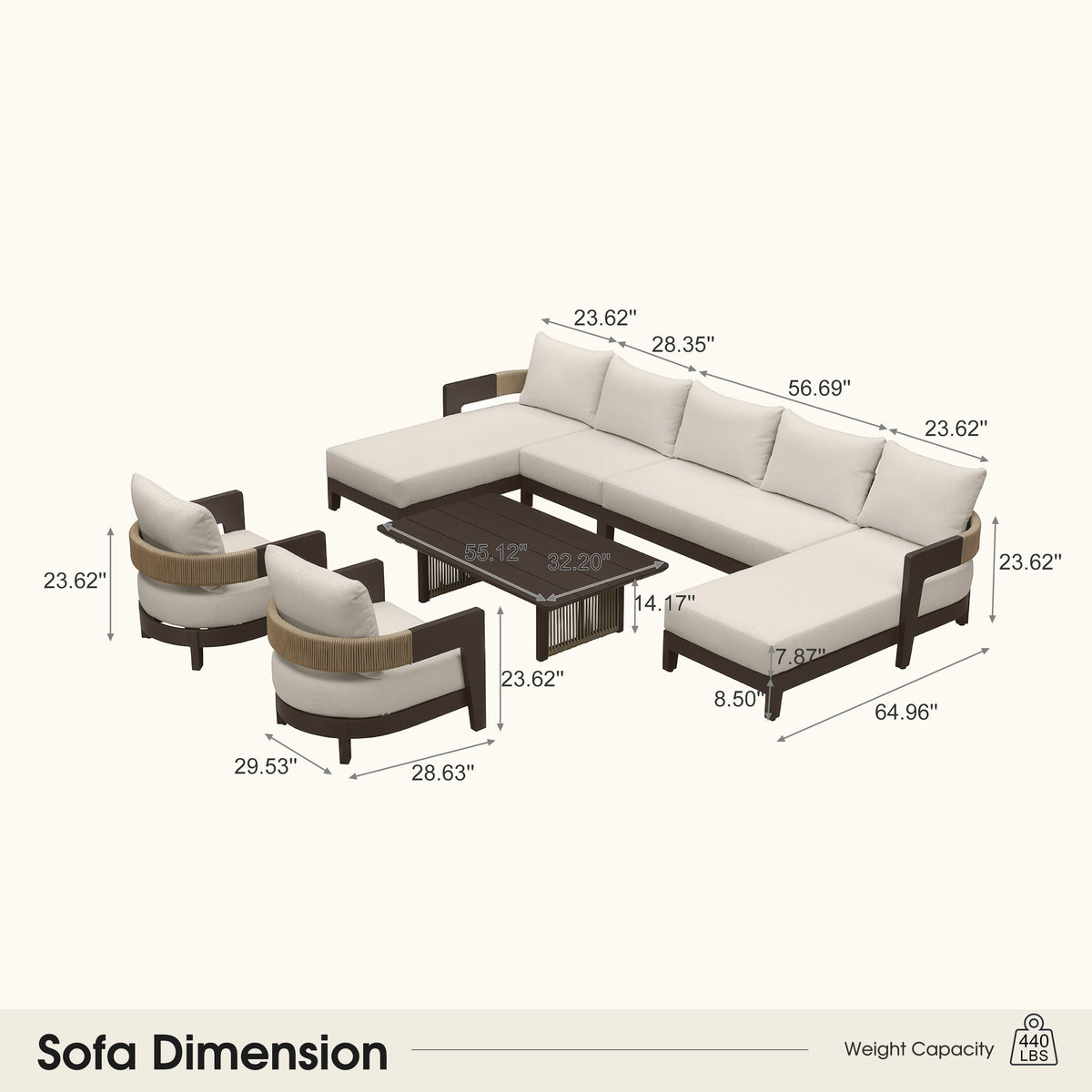 PURPLE LEAF Tuscany U-Shaped Patio Conversation Set with Removable Cushions and Pillows Bronze Aluminum Frame Outdoor Couch Sets for Porch Yard Garden