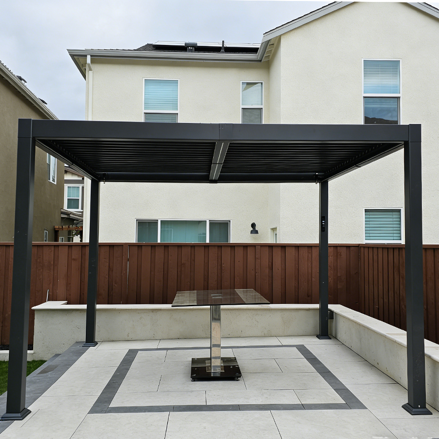 PURPLE LEAF Caesar Solar Louvered Pergola with LED Strip Lights and Control Panel Aluminum Outdoor Pergola with Adjustable Roof for Patio Deck Garden Yard Gray