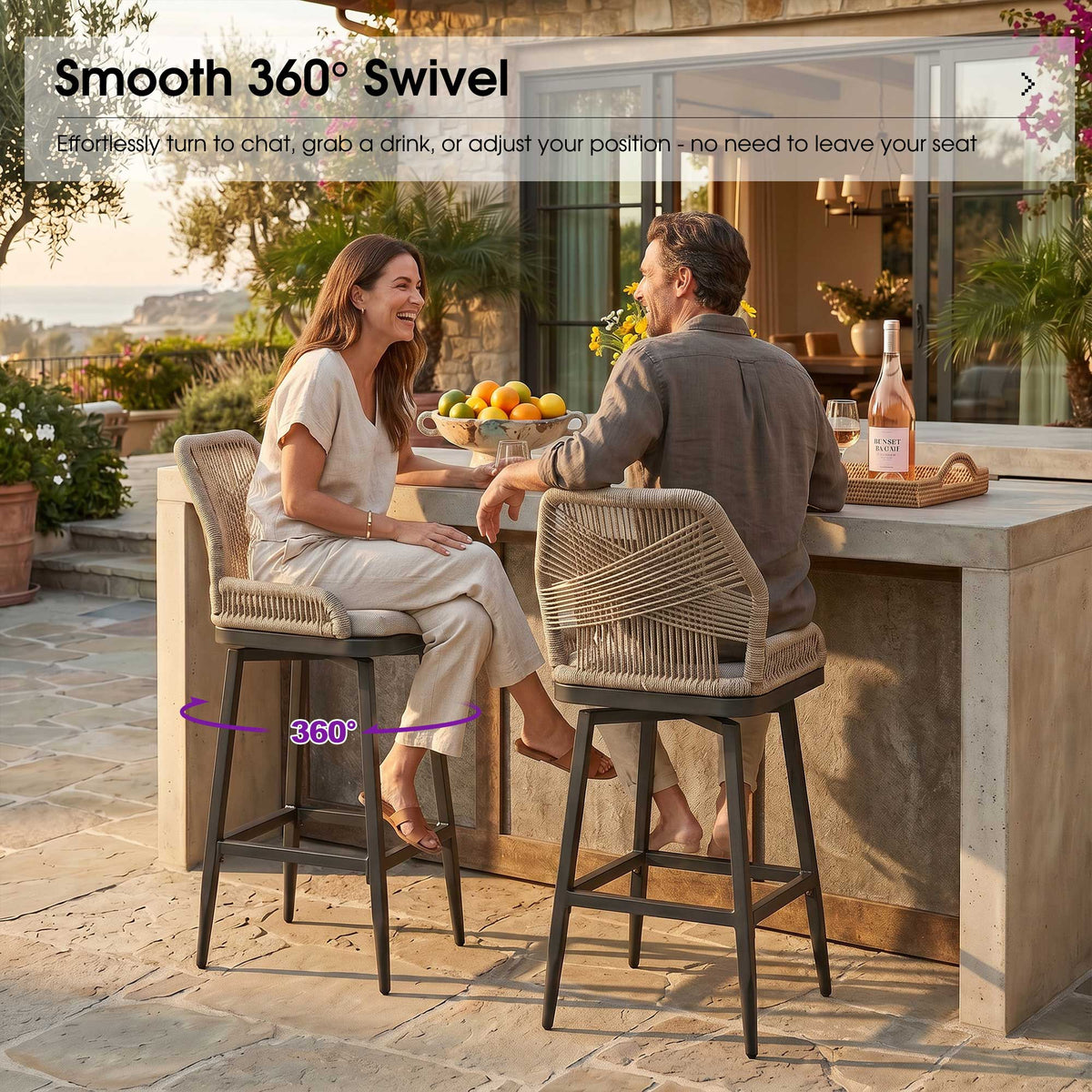 PURPLE LEAF Outdoor Swivel Bar Stools Set of 2 Patio 360° Rotating All-Weather Wicker Stools with Back and Cushion for Outside Backyard Kitchen Bistro Garden Bar