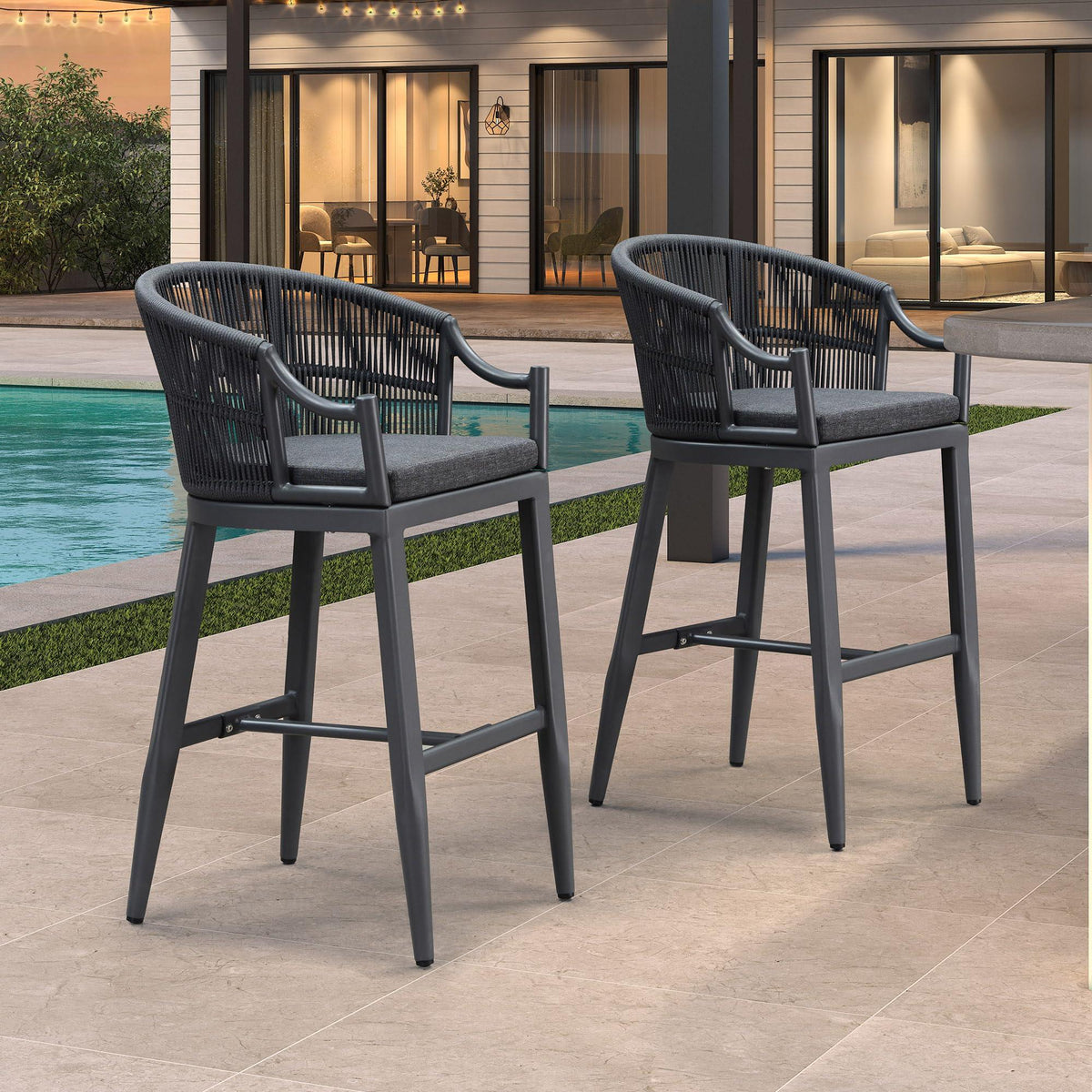 PURPLE LEAF Patio Bar Stools Set of 2 Outdoor Wicker Modern High Bar Chairs Metal Cushioned Barstools with Backs and Ergonomic Armrest