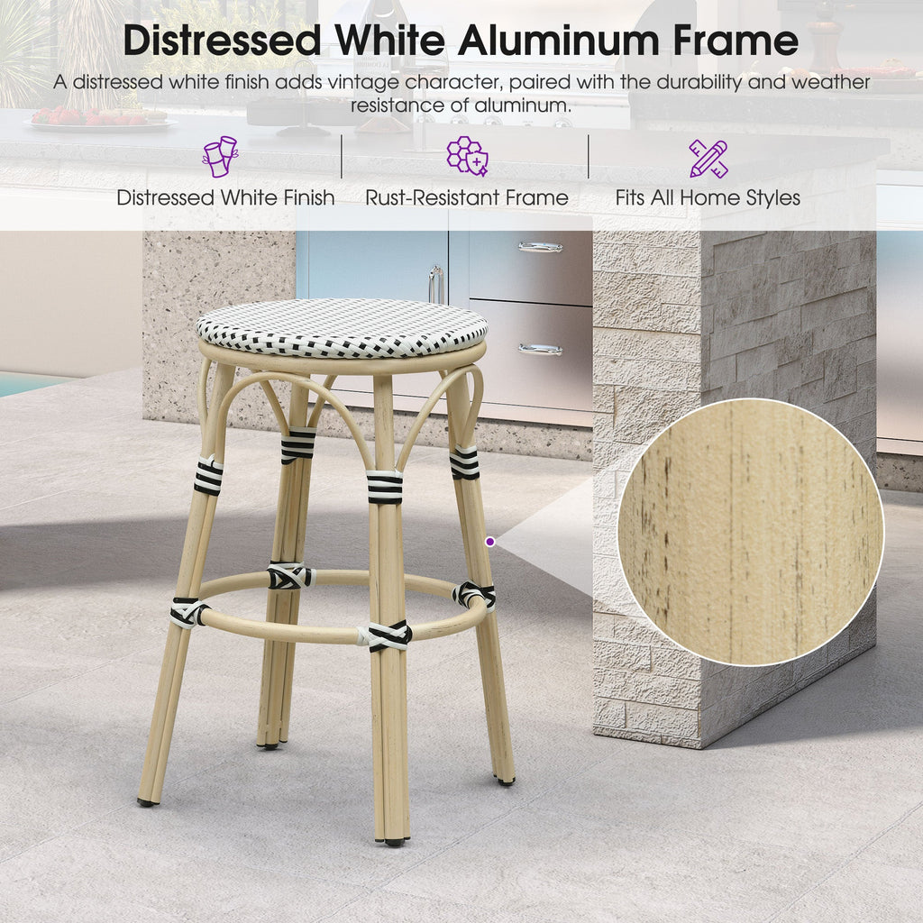 PURPLE LEAF Patio French Round Counter Stool Set of 2 Rattan Backless Stackable Barstools Aluminum Frame Footrest with Woven Wicker for Outdoor Kitchen Yard