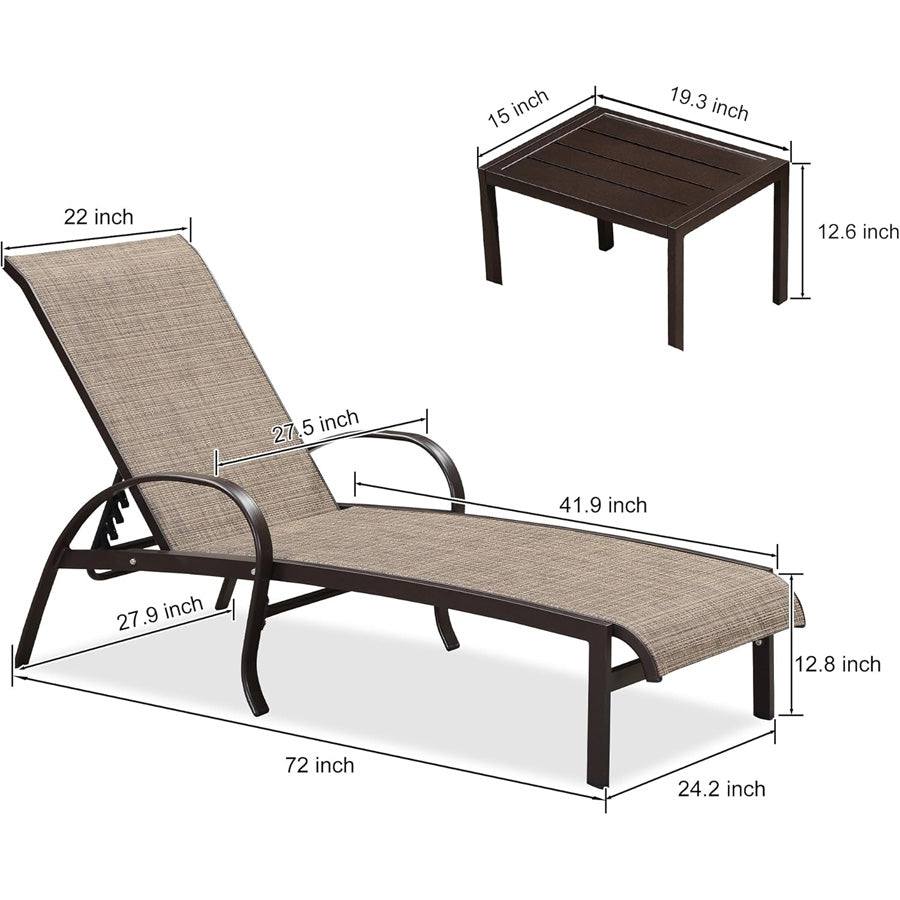 PURPLE LEAF Outdoor Chaise Lounge Patio Pool Lounger Aluminum Chairs with Side Table Adjustable Tanning Recliner for Outside Yard Deck Lawn Garden Beach