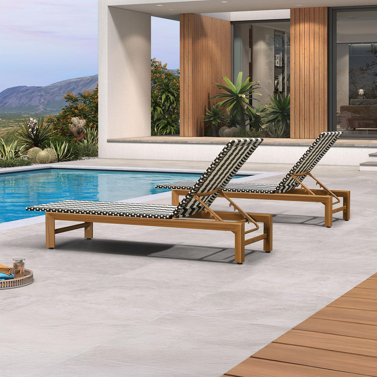 PURPLE LEAF Outdoor Teak Chaise Lounge Chair, Wood Grain Aluminum Outdoor Pool Lounge Chairs with Adjustable Backrest, Breathable Recliner for Patio, Poolside, Garden