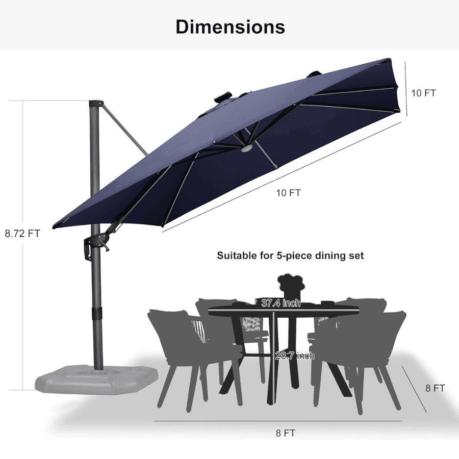 PURPLE LEAF – Parasol de terrasse déporté 10ft avec éclairage LED, rotation 360° et inclinaison