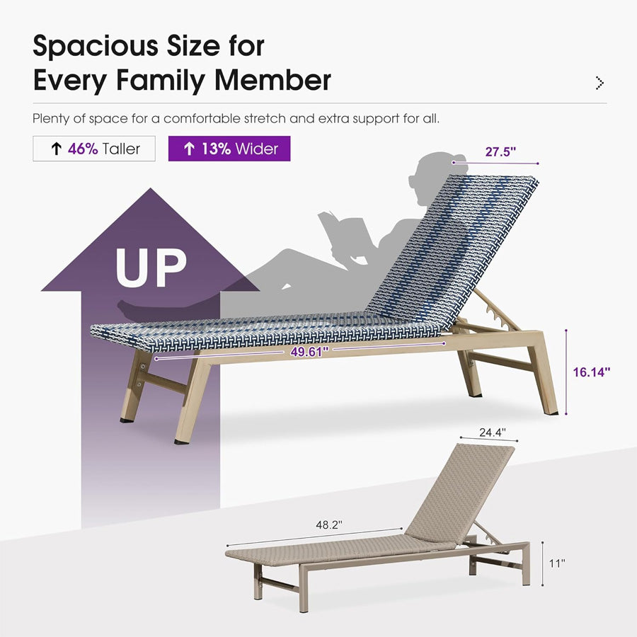 PURPLE LEAF Pool Oversized Lounge Chairs Rattan Aluminium Patio Chaise Lounge Outdoor Adjustable Recliner Finish Loungers Woven PE Sun Chairs for Poolside Deck Beach