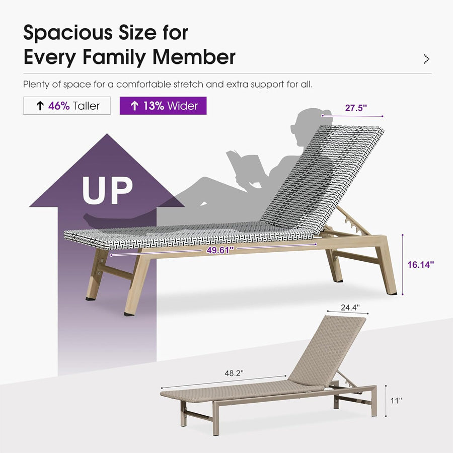PURPLE LEAF Pool Oversized Lounge Chairs Rattan Aluminium Patio Chaise Lounge Outdoor Adjustable Recliner Finish Loungers Woven PE Sun Chairs for Poolside Deck Beach