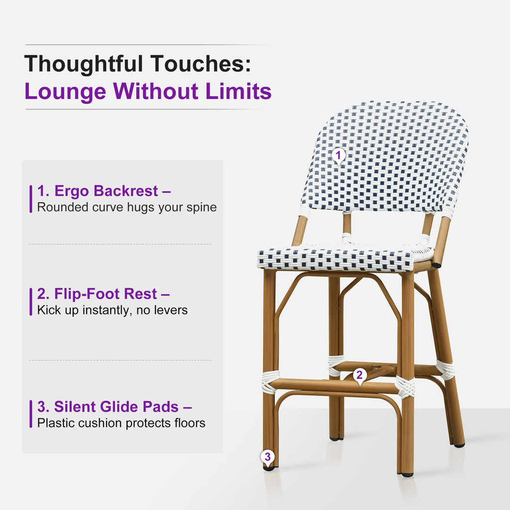 PURPLE LEAF Outdoor Bar Height Stools Set of 2 French Country Patio Rattan Bar Stool Chairs Outdoor Armless Barstools for Porch Garden Indoor Kitchen