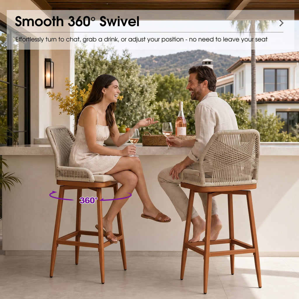 PURPLE LEAF Outdoor Swivel Bar Stools Set of 2 Patio 360° Rotating All-Weather Wicker Stools with Back and Cushion for Outside Backyard Kitchen Bistro Garden Bar