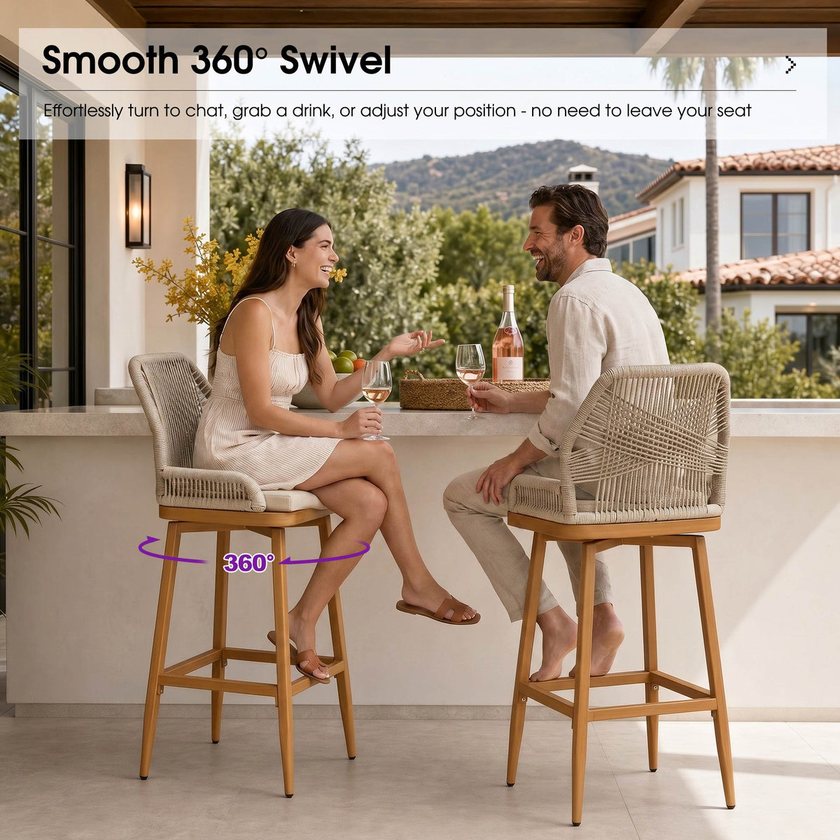 PURPLE LEAF Outdoor Swivel Bar Stools Set of 2 Patio 360° Rotating All-Weather Wicker Stools with Back and Cushion for Outside Backyard Kitchen Bistro Garden Bar
