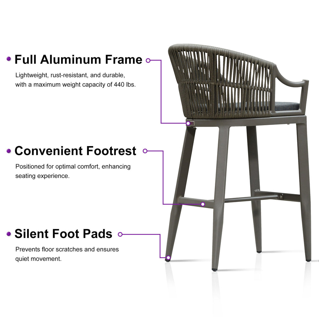 PURPLE LEAF Patio Bar Stools Set of 2 Outdoor Wicker Modern High Bar Chairs Metal Cushioned Barstools with Backs and Ergonomic Armrest