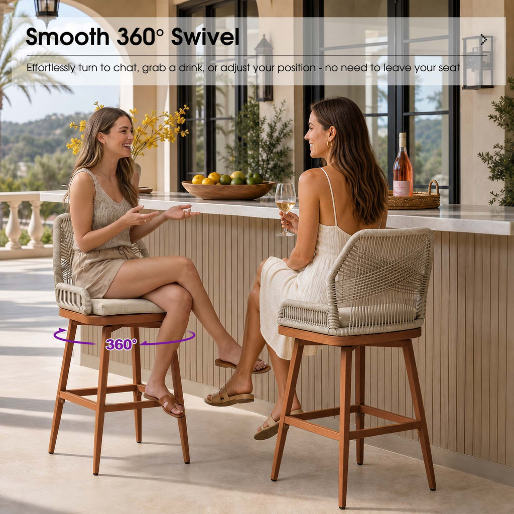 PURPLE LEAF Outdoor Swivel Bar Stools Set of 2 Patio 360° Rotating All-Weather Wicker Stools with Back and Cushion for Outside Backyard Kitchen Bistro Garden Bar
