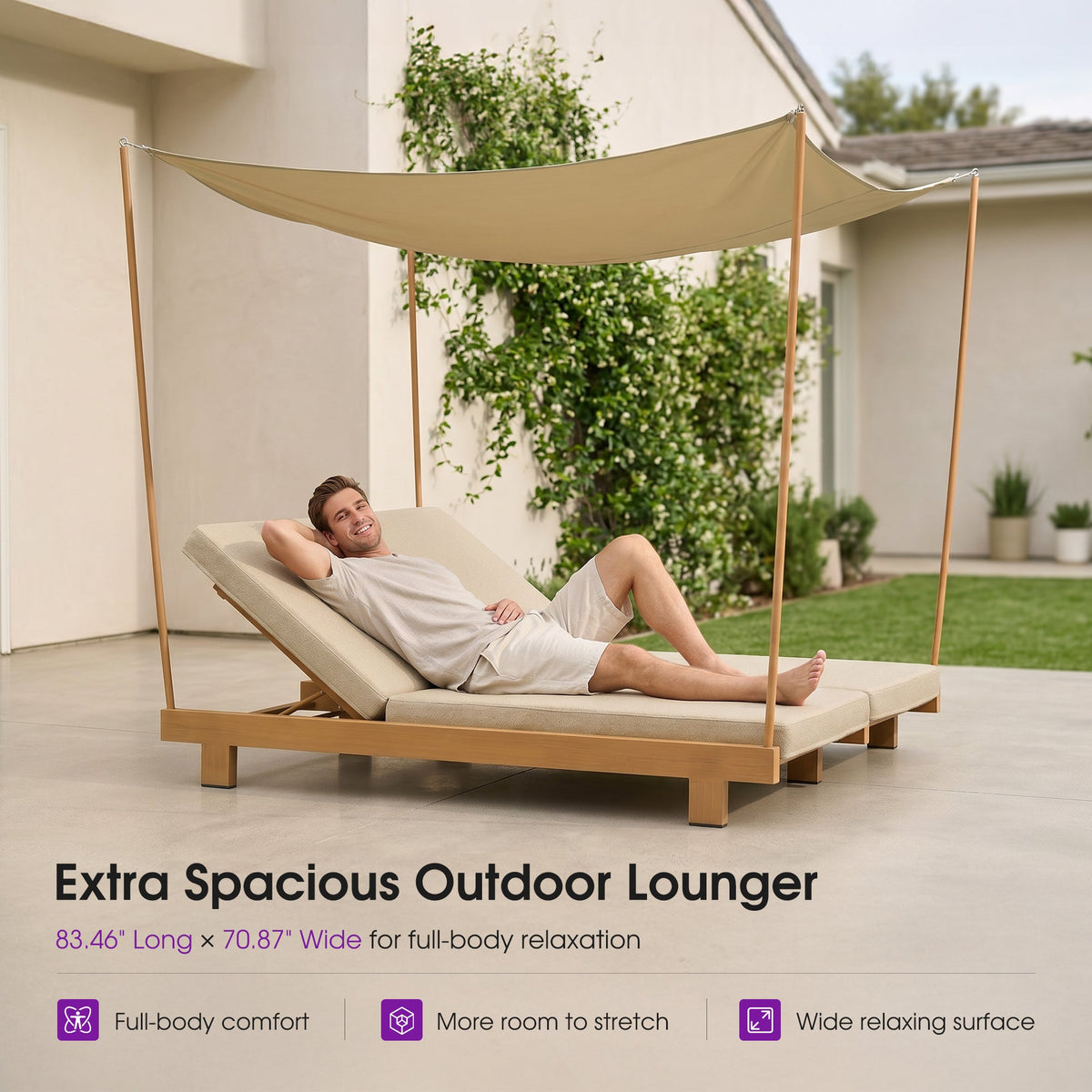 PURPLE LEAF Outdoor Luxury Daybed for Patio,  Poolside Chaise Lounge Bed with Cushion, Olefin Blend Fabric, Aluminum Frame Sunbed for Deck and Backyard