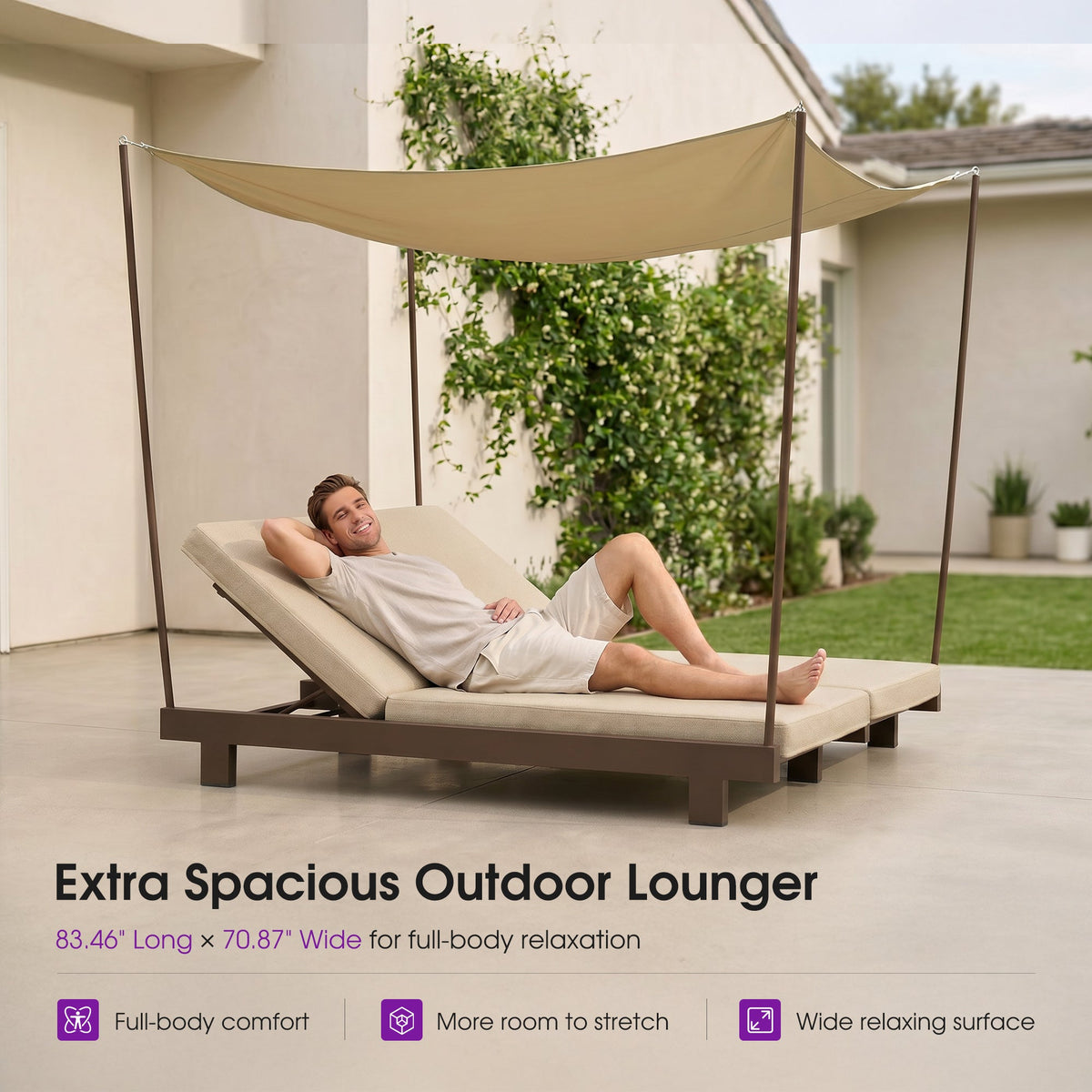PURPLE LEAF Outdoor Luxury Daybed for Patio,  Poolside Chaise Lounge Bed with Cushion, Olefin Blend Fabric, Aluminum Frame Sunbed for Deck and Backyard