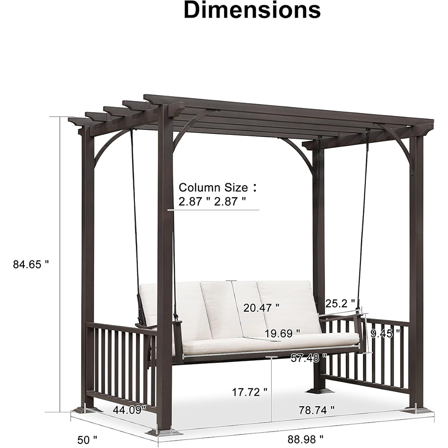 PURPLE LEAF 3-Seat Outdoor Metal Pergola Swing Bed Hanging Cloud Black rope Swing Chair with Stand Cushions & Pillows for Outdoor