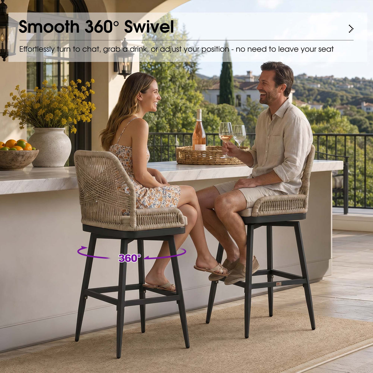 PURPLE LEAF Outdoor Swivel Bar Stools Set of 2 Patio 360° Rotating All-Weather Wicker Stools with Back and Cushion for Outside Backyard Kitchen Bistro Garden Bar