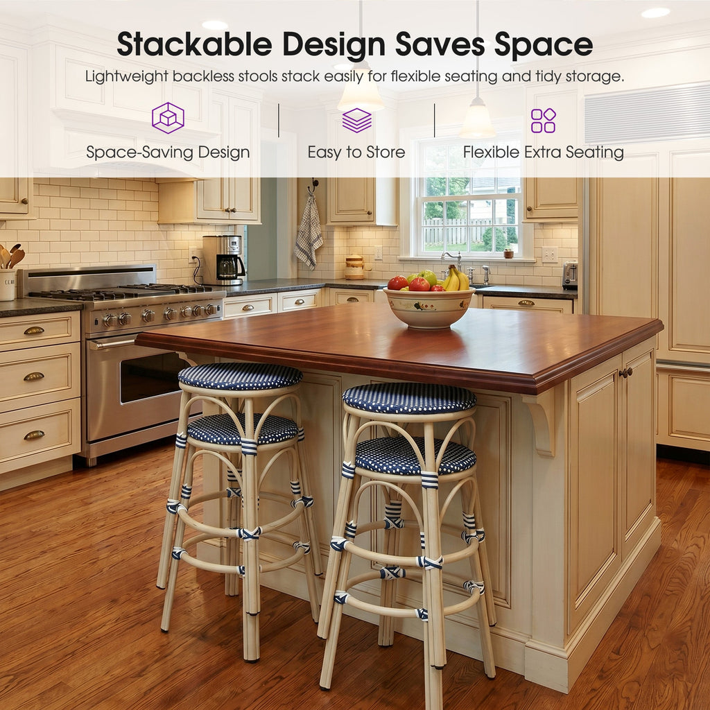 PURPLE LEAF Patio French Round Counter Stool Set of 2 Rattan Backless Stackable Barstools Aluminum Frame Footrest with Woven Wicker for Outdoor Kitchen Yard