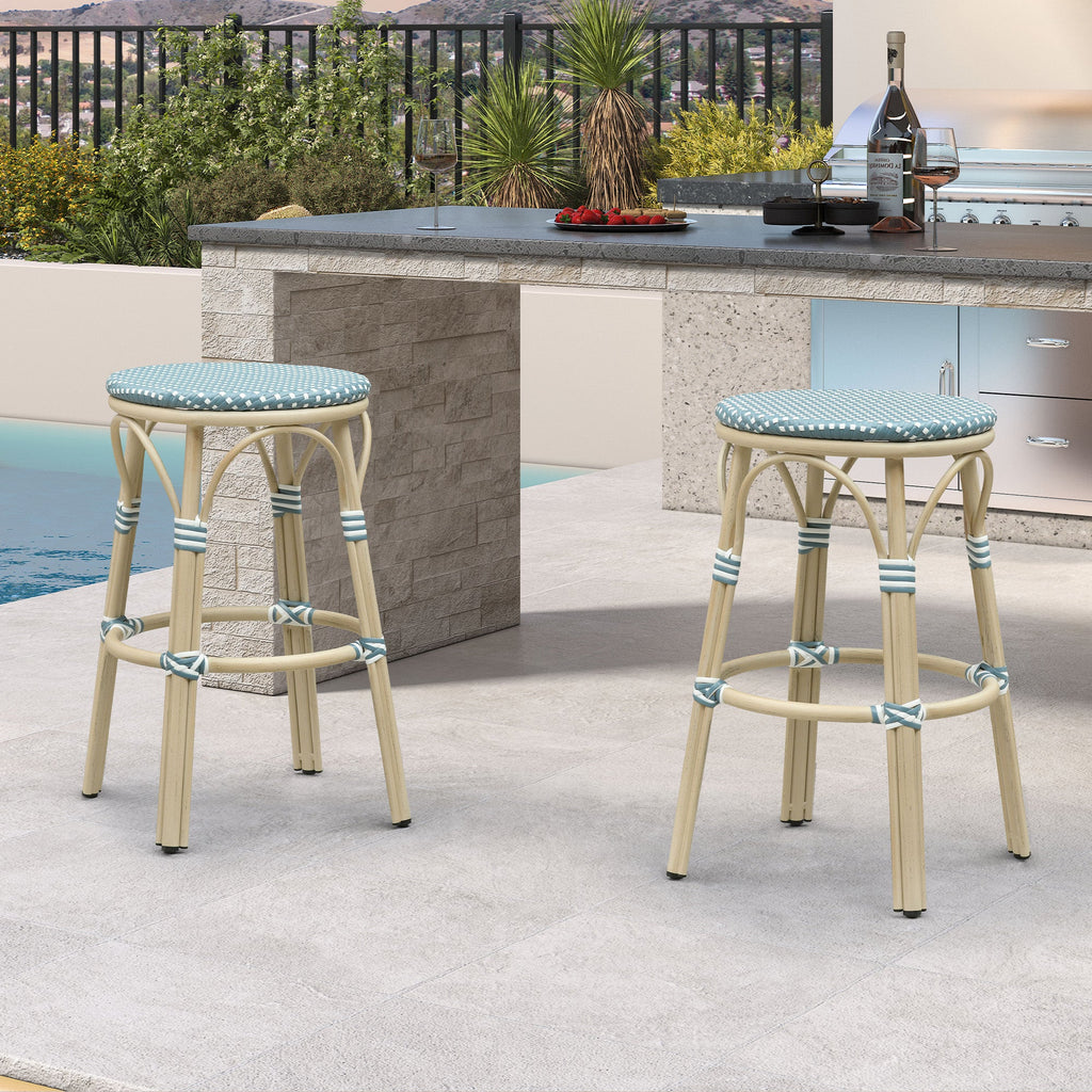 PURPLE LEAF Patio French Round Counter Stool Set of 2 Rattan Backless Stackable Barstools Aluminum Frame Footrest with Woven Wicker for Outdoor Kitchen Yard