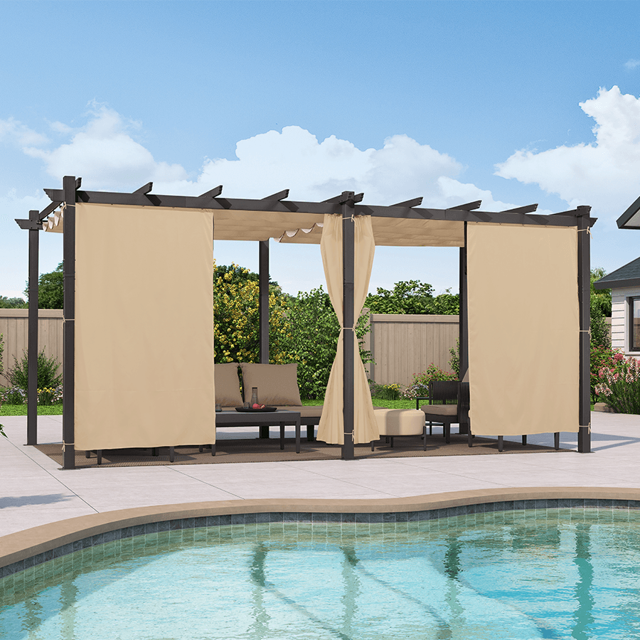 PURPLE LEAF Outdoor Pergola with Retractable Canopy Aluminum Shelter for Beach Porch Garden  Shade Pavilion Pergola  with Curtains