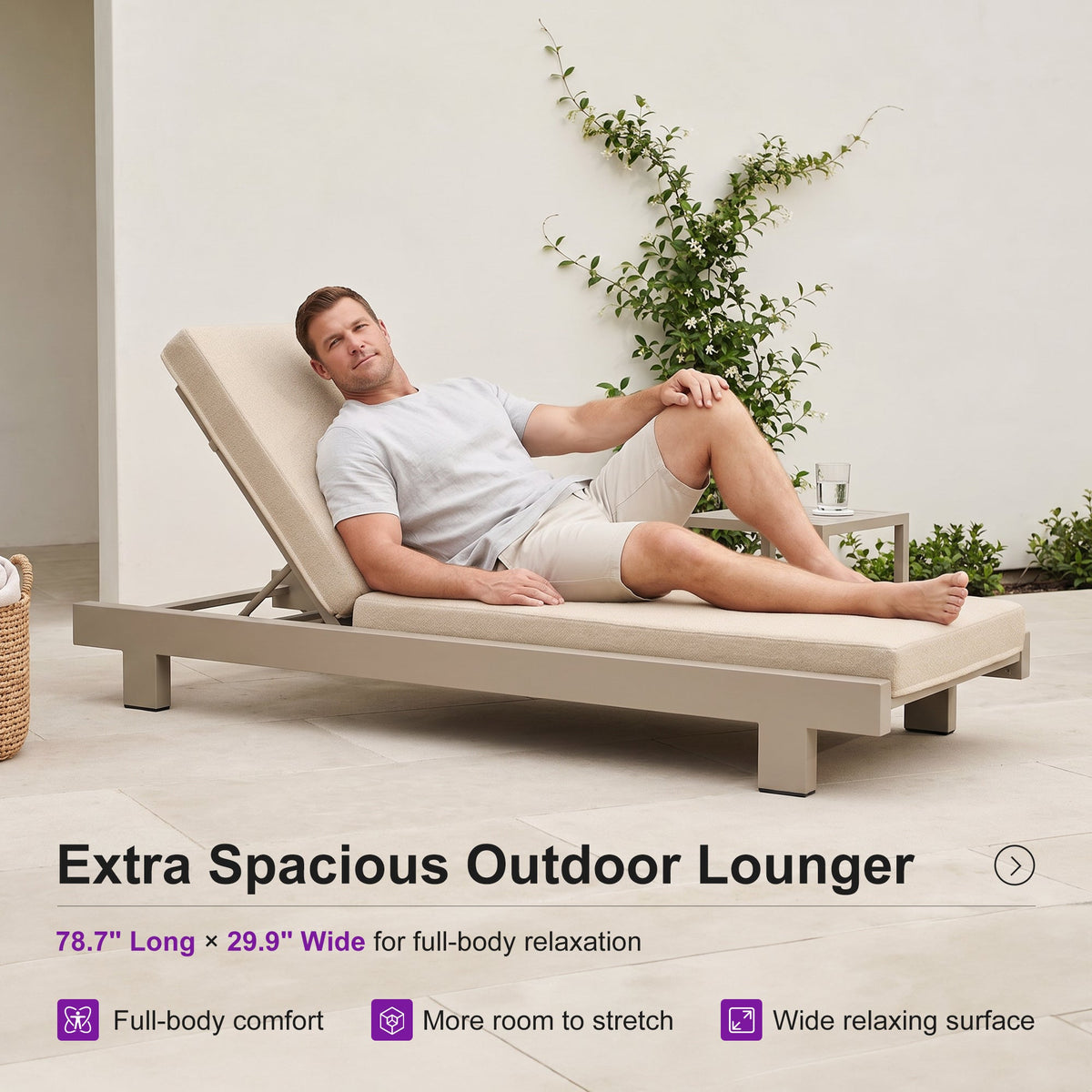 PURPLE LEAF Outdoor Standard Daybed for Patio,  Poolside Chaise Lounge Bed with Cushion, Olefin Blend Fabric, Aluminum Frame Sunbed for Deck and Backyard